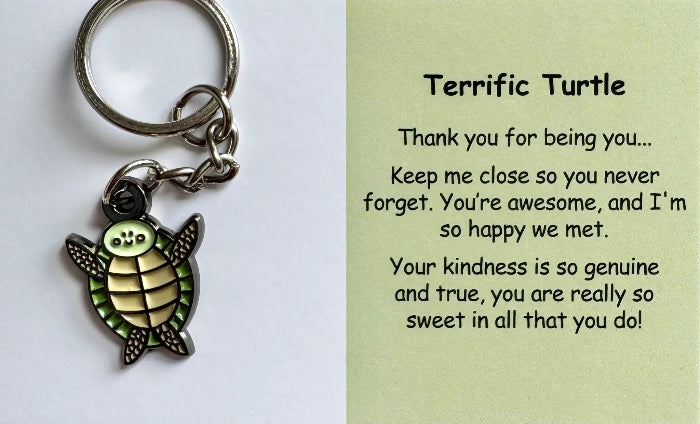 Terrific Turtle keyring with green comfort charm and kindness support card close-up — Adventure Awaits