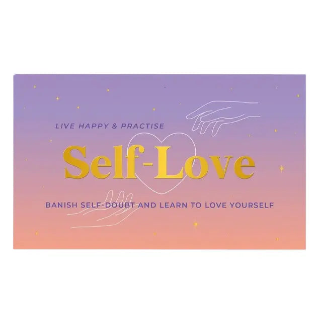 Self-Love card game box in purple and peach tones with gold lettering and heart line art — Adventure Awaits