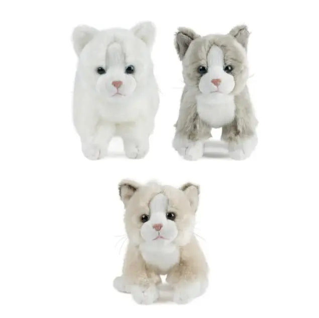Three plush kitten toys in white, grey and cream with pink noses and soft fur — Adventure Awaits