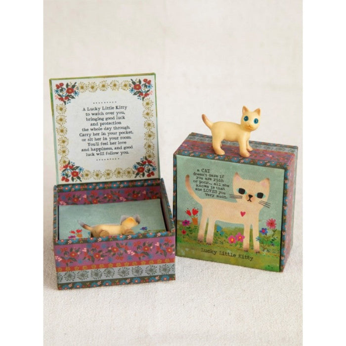 cat lucky charm shown in box and on top of box