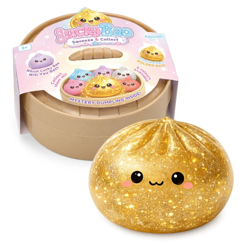 A Lucky Bao Squeeze & Collect toy set shown with its round beige plastic container and a large golden glitter dumpling squishy in front. The container has a colorful pink label reading 'Lucky Bao' and shows assorted collectible bao designs.