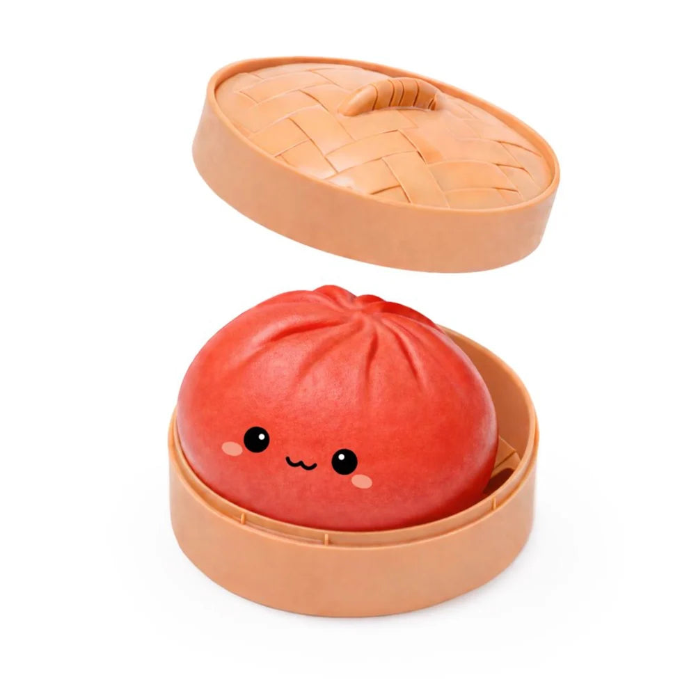 Red lucky boa bun squishy with a smiling face in an open beige container on a white background