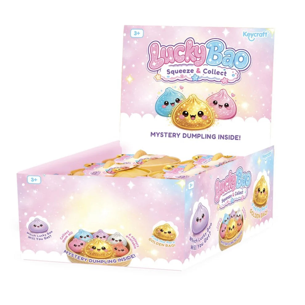 Box of Lucky Bao squeeze and collect toys with colourful dumpling illustrations on a white background.