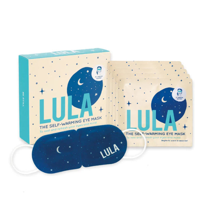 Lula self warming eye mask with box and individual sachets, designed to gently heat and soothe tired eyes while supporting relaxation and sleep at home or travel Adventure Awaits
