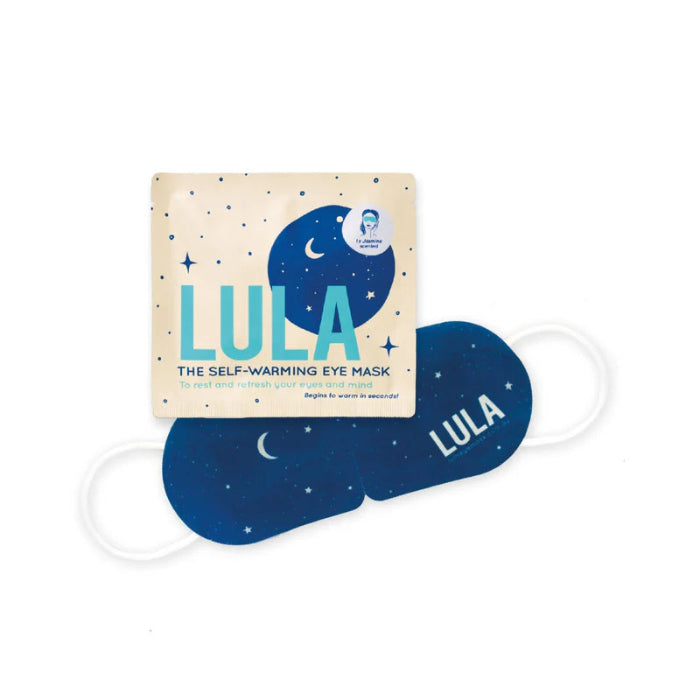 Lula self warming eye mask with individual sachet, designed to gently heat and soothe tired eyes while supporting relaxation and sleep at home or travel Adventure Awaits