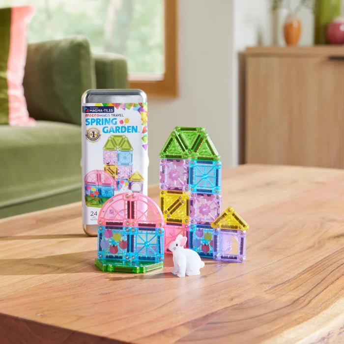 Magna-Tiles microMAGS Spring Garden travel tin with colourful builds and bunny — Adventure Awaits