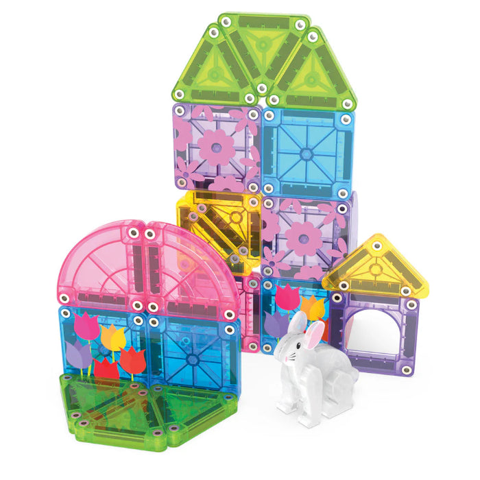 Magna-Tiles microMAGS Spring Garden house builds with bunny and flower tiles — Adventure Awaits