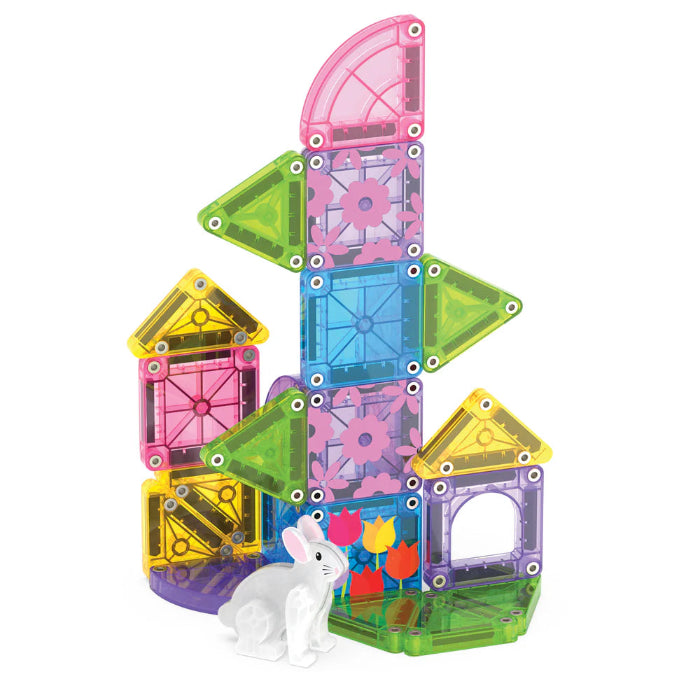 Magna-Tiles microMAGS Spring Garden build with colourful tiles and bunny figure — Adventure Awaits