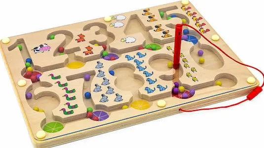Wooden magnetic number maze with colourful balls, animal counting pictures and red magnetic pen — Adventure Awaits