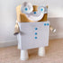 Cardboard robot made with Makedo connectors, paper plate eyes and cup legs during creative play — Adventure Awaits