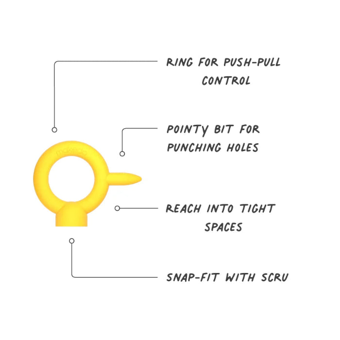 Yellow Makedo Mini-Tool diagram labels push-pull ring, hole punch tip and snap-fit connector — Adventure Awaits