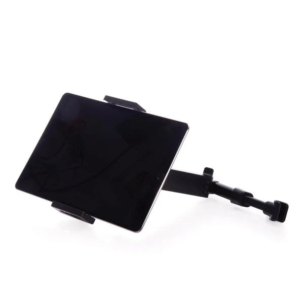 Tablet secured in adjustable black car headrest holder — Adventure Awaits
