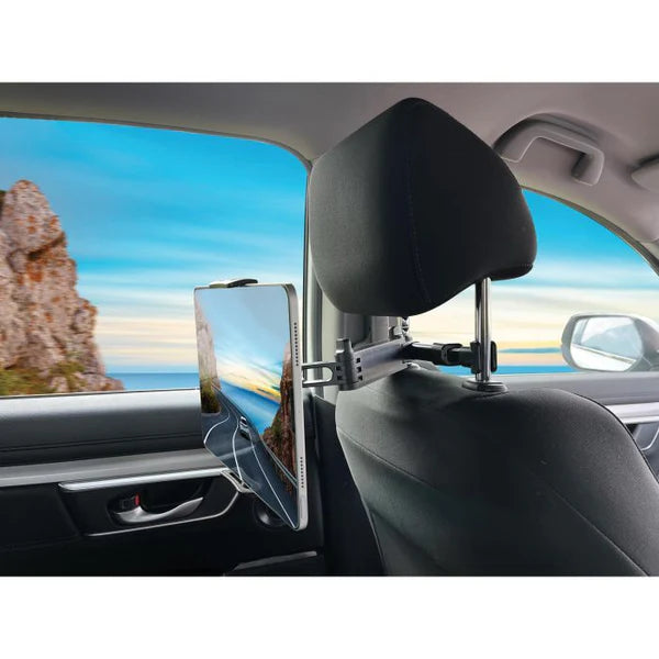 Tablet holder mounted to car headrest for road trip entertainment — Adventure Awaits