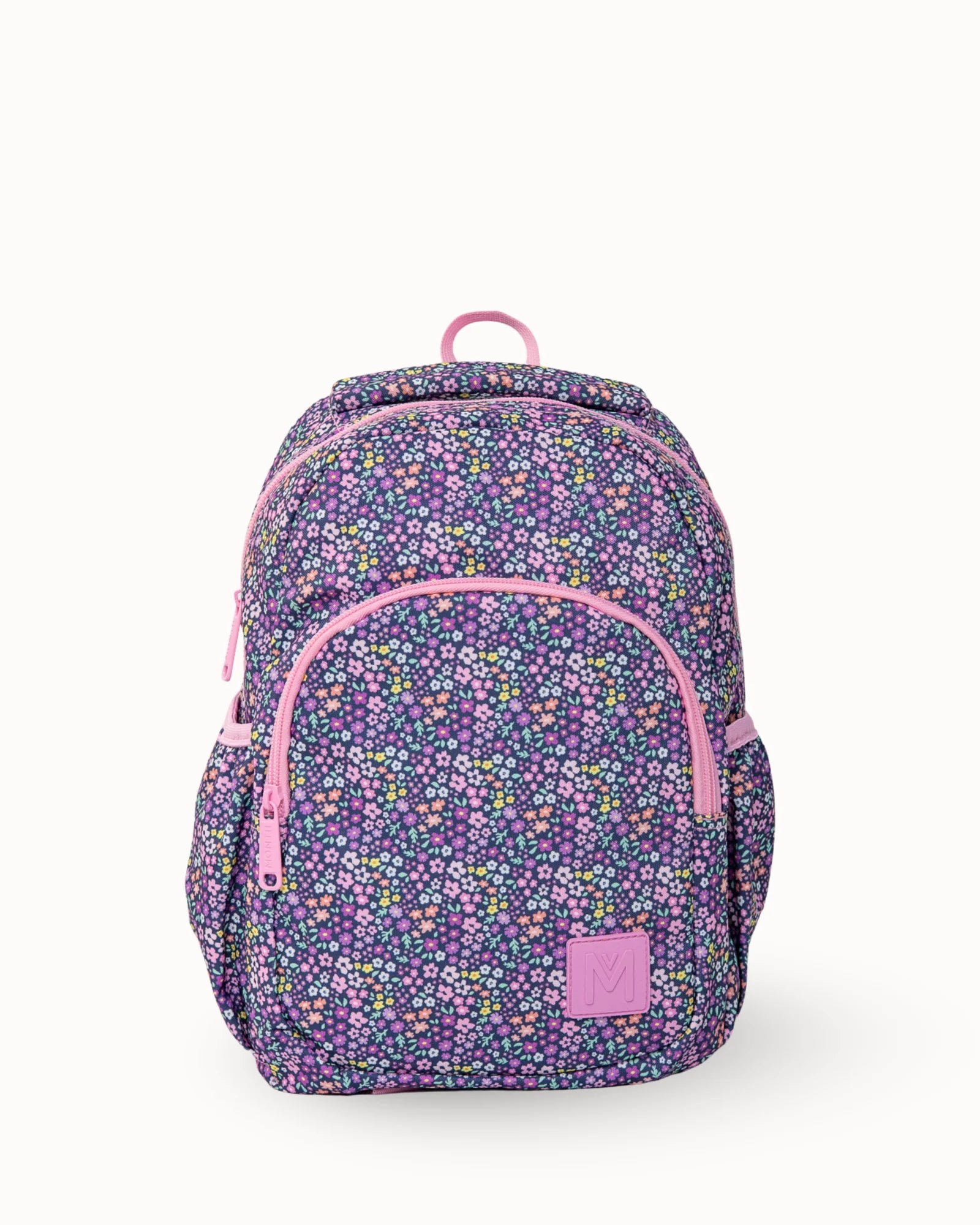 Floral-patterned backpack with pink accents on a white background