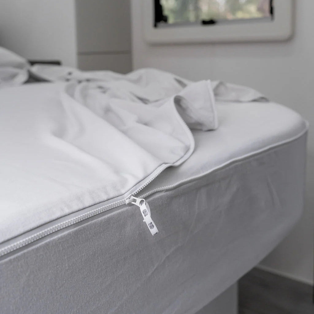 MeanderWild white flannelette caravan fitted sheet showing zipper corner detail — stays secure on the road — Adventure Awaits