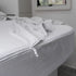 MeanderWild white flannelette caravan fitted sheet showing zipper corner detail — stays secure on the road — Adventure Awaits