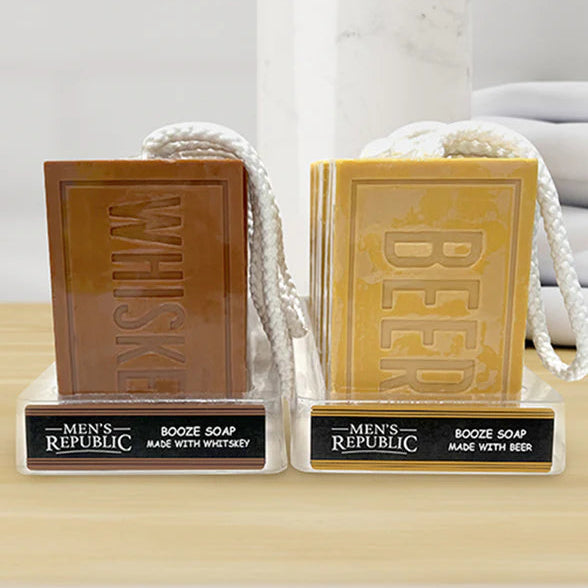 Men’s Republic booze soap bars made with whiskey and beer on rope holders — Adventure Awaits