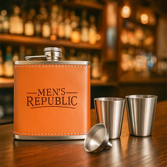 Men’s Republic tan leather hip flask set with stainless steel shot cups and funnel — Adventure Awaits