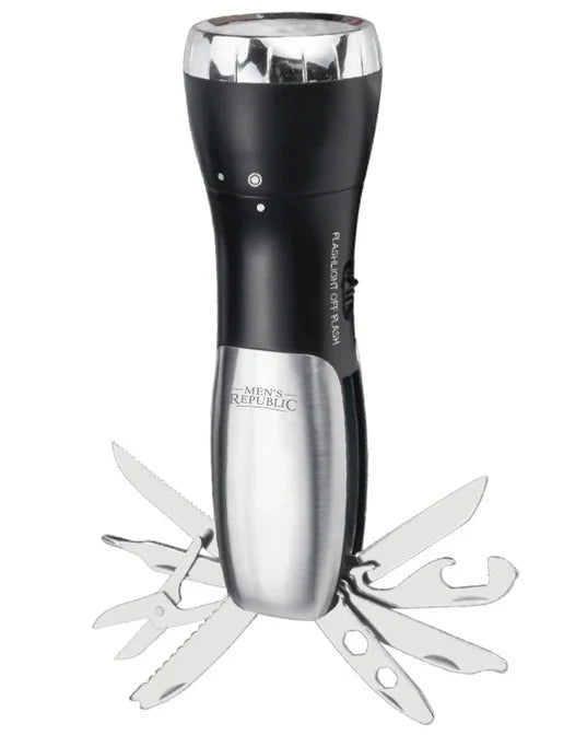 Men’s Republic flashlight survival tool with knife, scissors and bottle opener attachments — Adventure Awaits