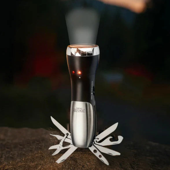 Men’s Republic multi-tool torch with bright LED light, knife and tools open — Adventure Awaits