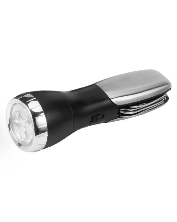 Men’s Republic flashlight survival tool closed with compact black and silver body — Adventure Awaits