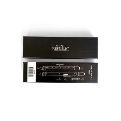 Men's Republic multi-tool pen shown in its black retail packaging, featuring a top view of the box with the brand name and a bottom view showing the tool's technical diagram.