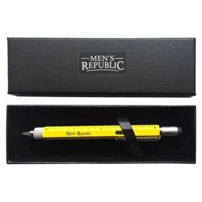 A yellow and black pen with a ruler scale design, presented inside a black gift box with the Men's Republic logo.