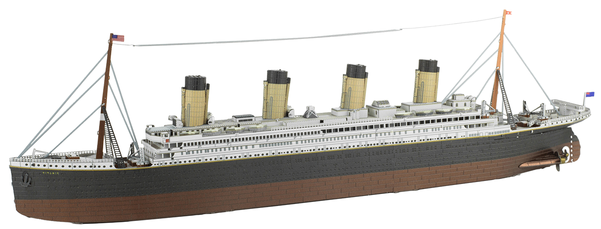 Assembled Metal Earth RMS Titanic steel model with four funnels and detailed rigging - Adventure Awaits