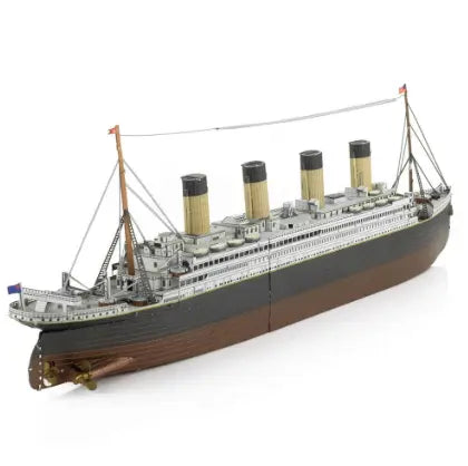 Assembled Metal Earth RMS Titanic steel model with four funnels and detailed deck - Adventure Awaits