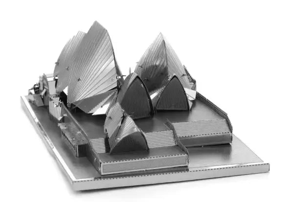 Completed Metal Earth Sydney Opera House silver steel model viewed from the rear, Adventure Awaits