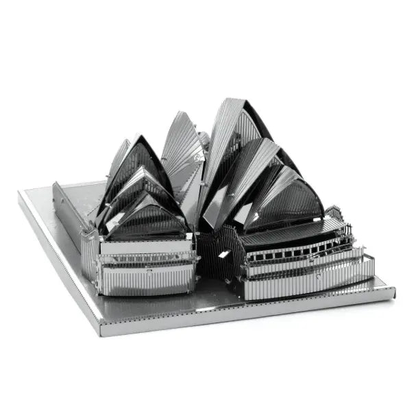 Completed Metal Earth Sydney Opera House silver steel model viewed from the front, Adventure Awaits