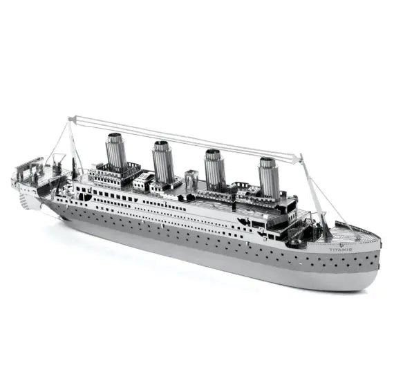 Assembled Metal Earth Titanic silver steel model with four funnels and fine deck details - Adventure Awaits