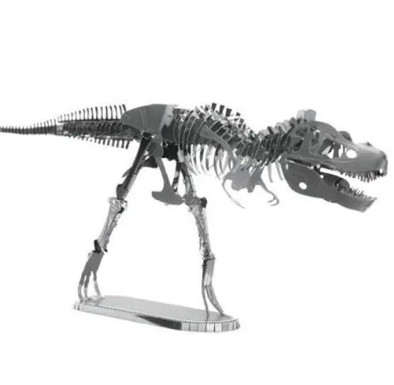 Assembled Metal Earth Tyrannosaurus Rex silver steel skeleton model on display base - Adventure Awaits