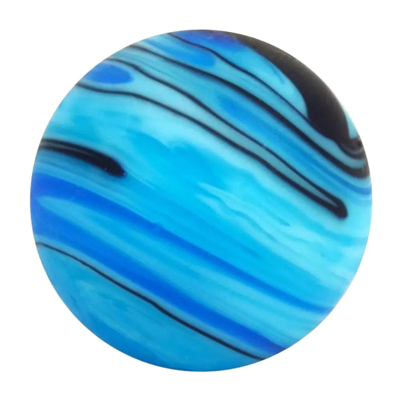Blue glass marble with light and dark blue diagonal swirls — Adventure Awaits