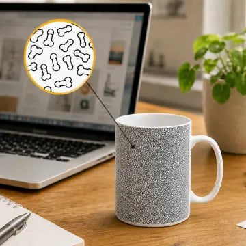 Micro Penis Mug beside a laptop on a desk with close-up of the black penis pattern — Adventure Awaits