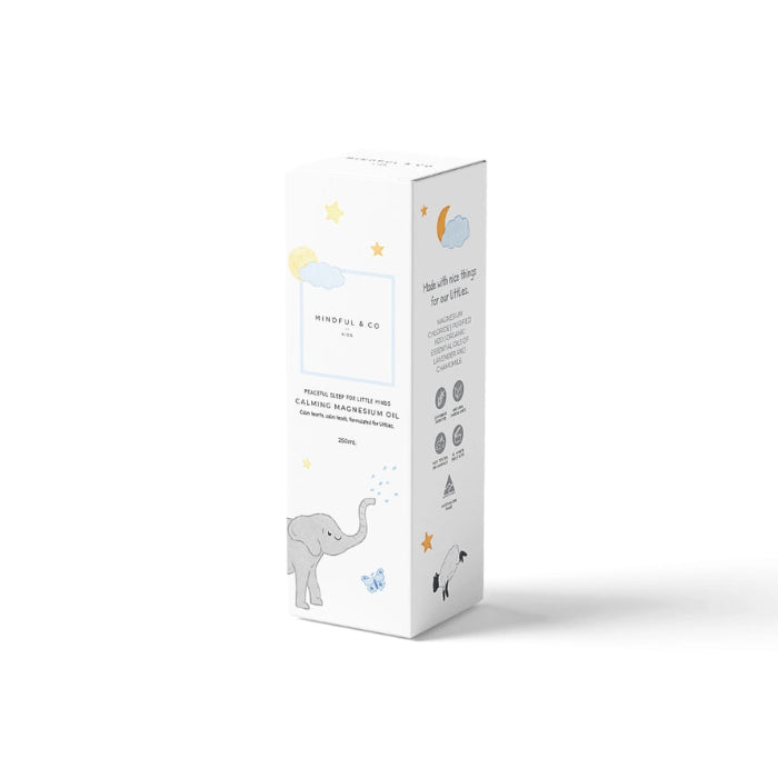 Mindful and Co calming magnesium oil retail box with soft illustrated design, gentle sleep support essential for babies and children at home or travel Adventure Awaits