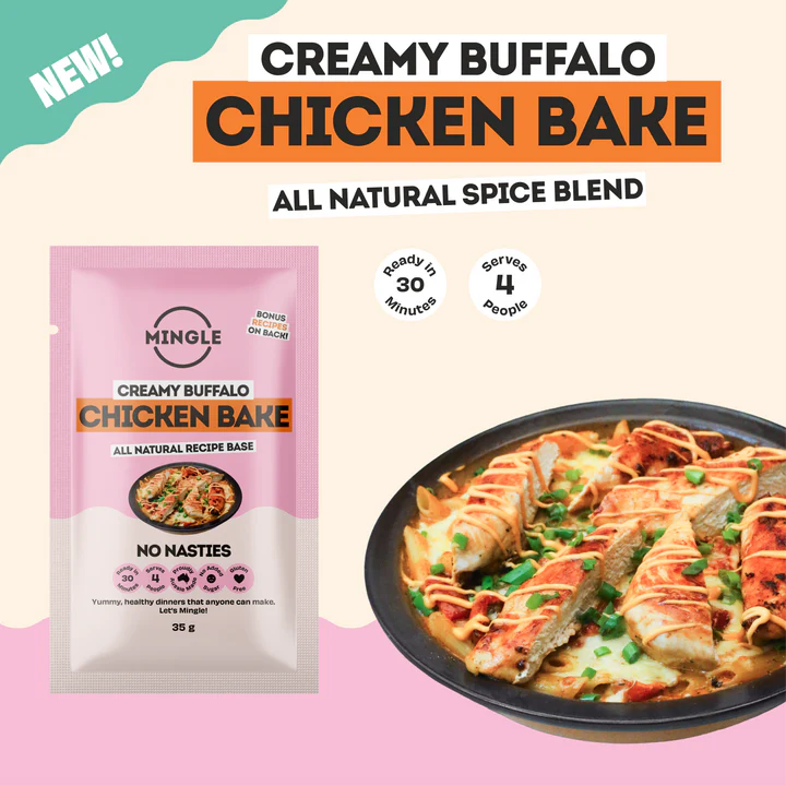Mingle Creamy Buffalo Chicken Bake spice blend sachet beside baked chicken dish — Adventure Awaits