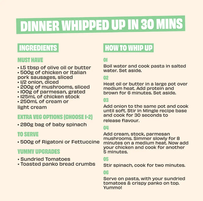 Mingle Chicken Alfredo recipe instructions with ingredients and 30-minute cooking steps — Adventure Awaits