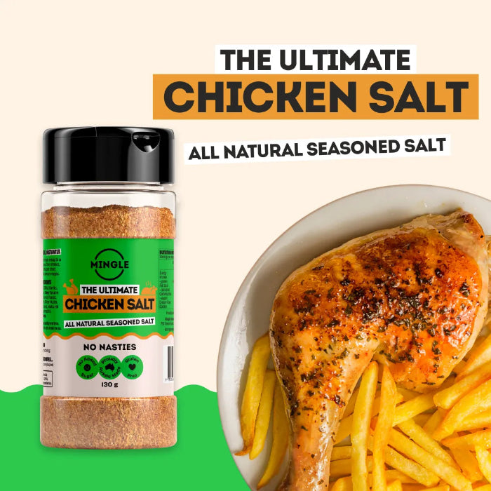Mingle The Ultimate Chicken Salt all natural seasoned salt 130g with roast chicken and chips — Adventure Awaits