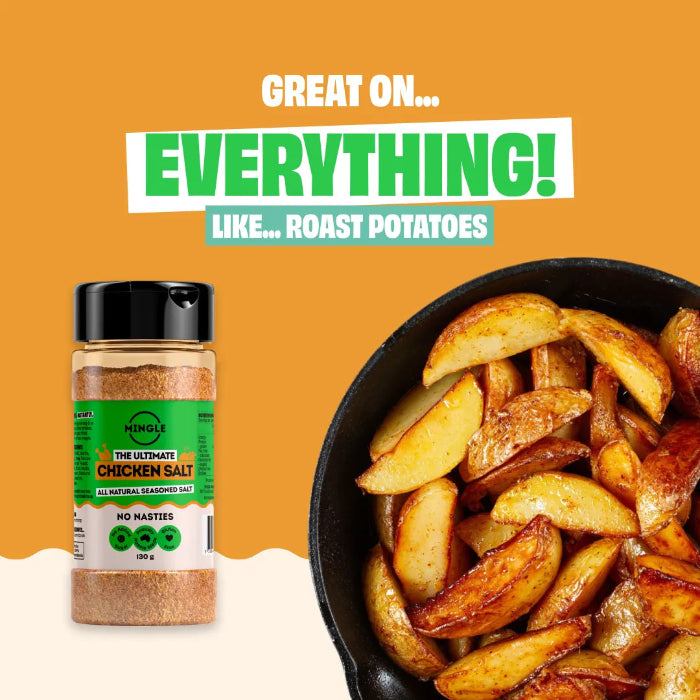 Mingle The Ultimate Chicken Salt 130g bottle beside golden roast potatoes with “Great on everything” message — Adventure Awaits