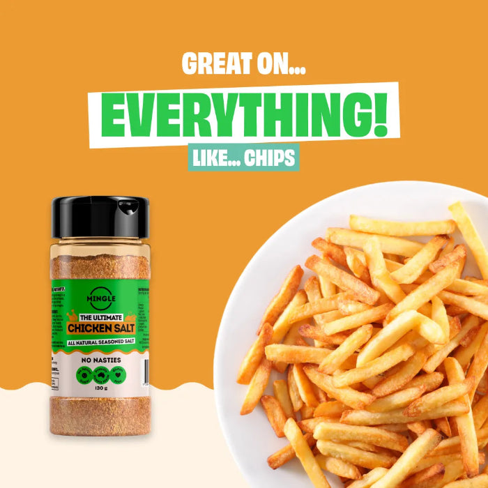 Mingle The Ultimate Chicken Salt 130g bottle beside golden chips with “Great on everything” message — Adventure Awaits
