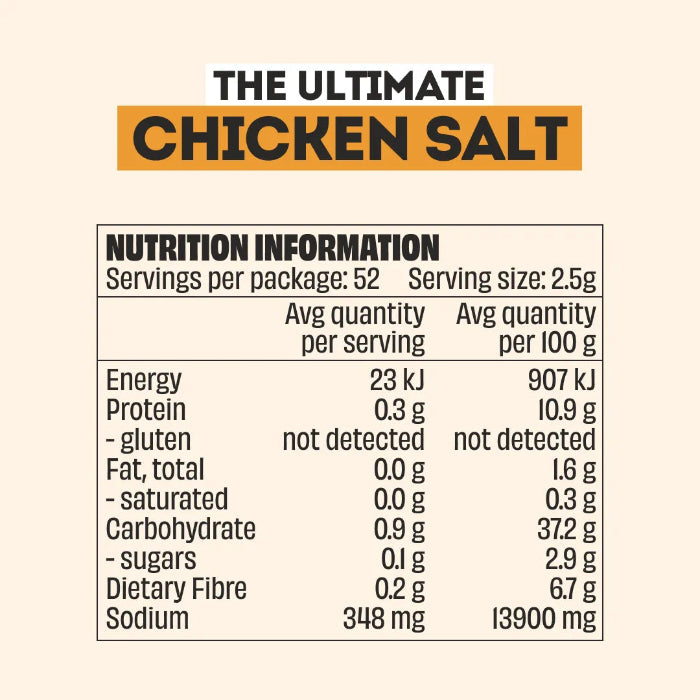 Mingle The Ultimate Chicken Salt nutrition information panel showing serving size and nutrient values — Adventure Awaits
