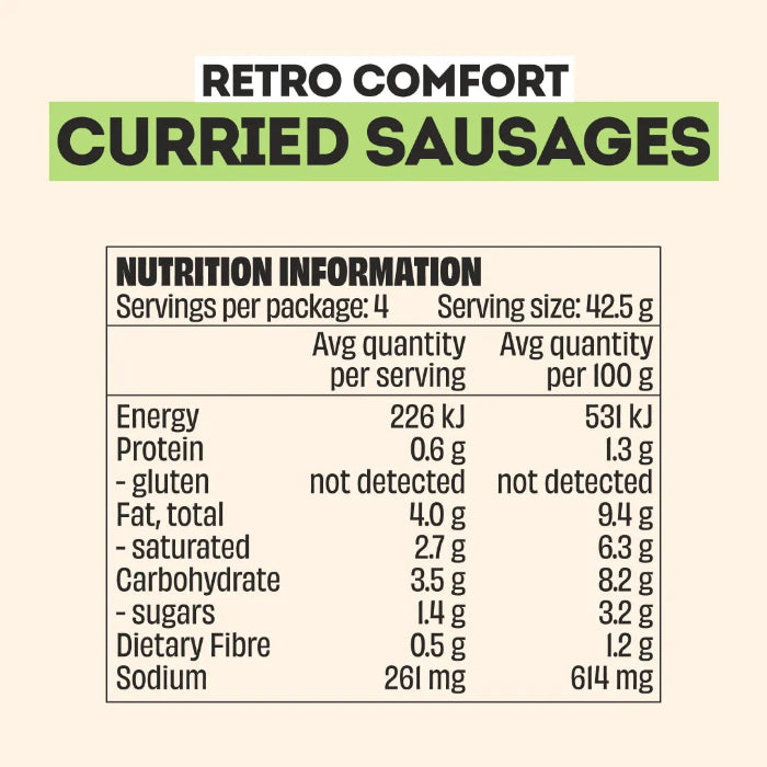 Mingle Curried Sausages nutrition information panel showing serving size and nutrient values — Adventure Awaits