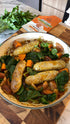 Alt text: Mingle Curried Sausages recipe base beside cooked sausages with sweet potato, spinach and onion — Adventure Awaits