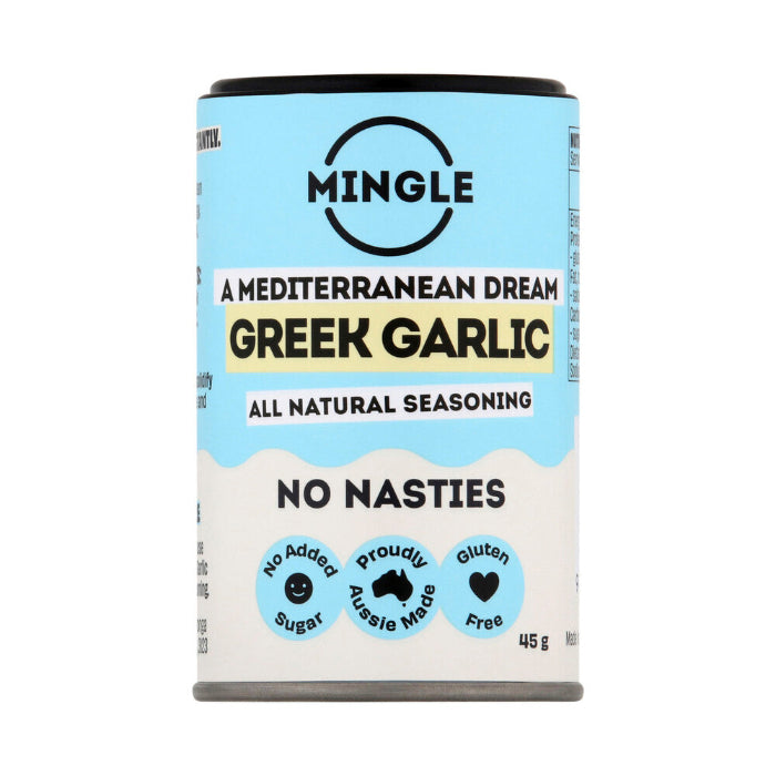 Mingle Greek Garlic all natural seasoning 45g tin, Australian made spice blend with no nasties Adventure Awaits