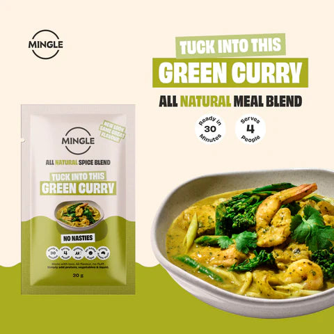 Mingle Green Curry meal blend sachet beside prawn curry bowl — Adventure Awaits