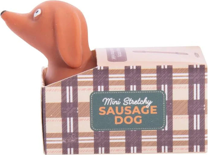 Mini stretchy sausage dog toy sitting in plaid kennel box — Adventure Awaits