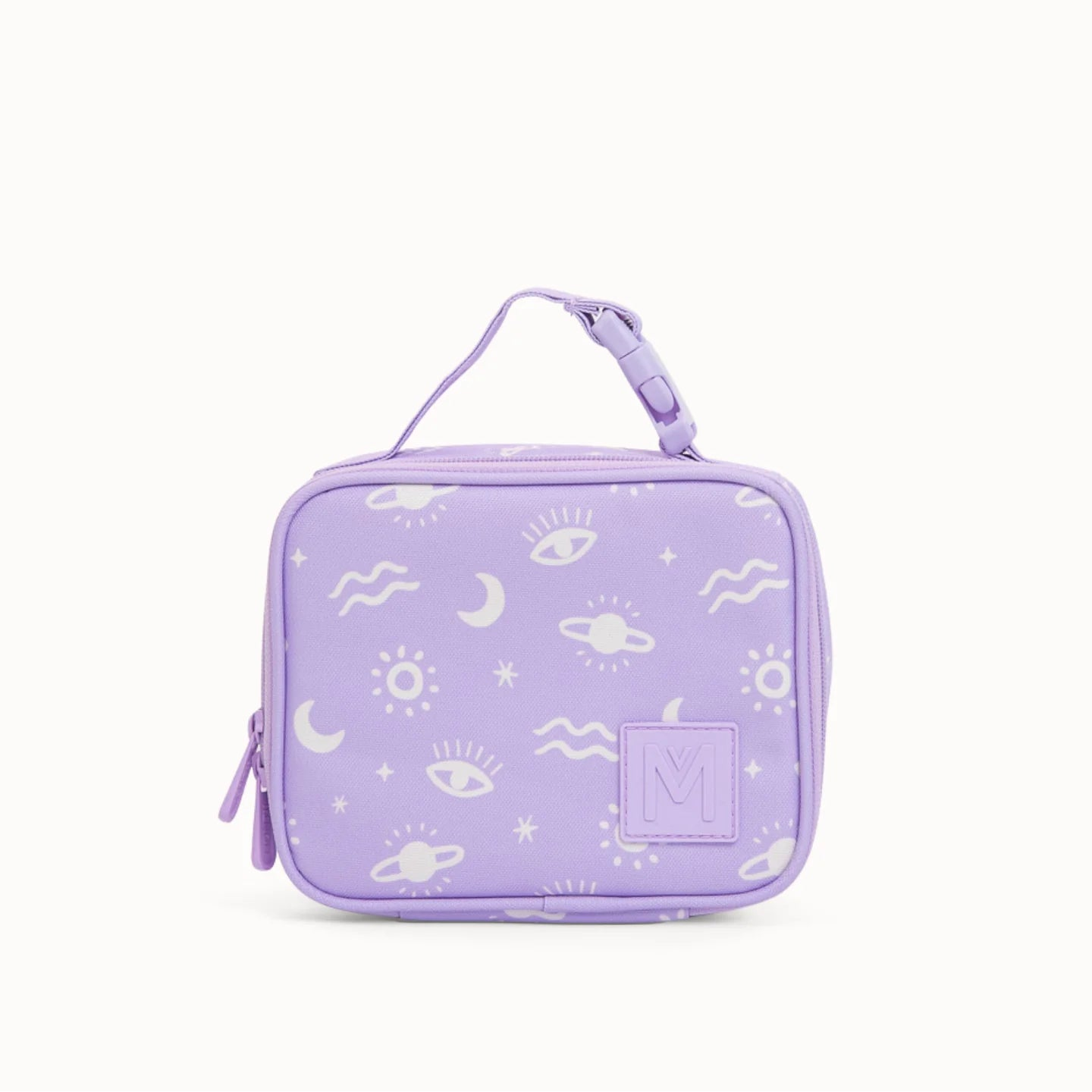 Purple rectangular pouch with star, moon, and eye pattern on a white background