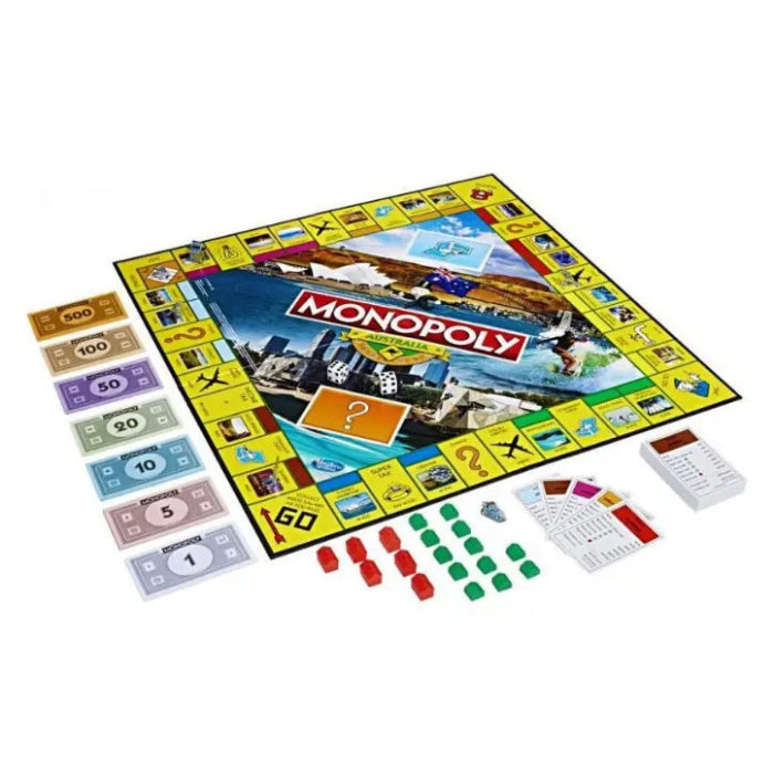 Adventure Awaits Monopoly Australia board game set with money, cards, houses and Australian themed game board
