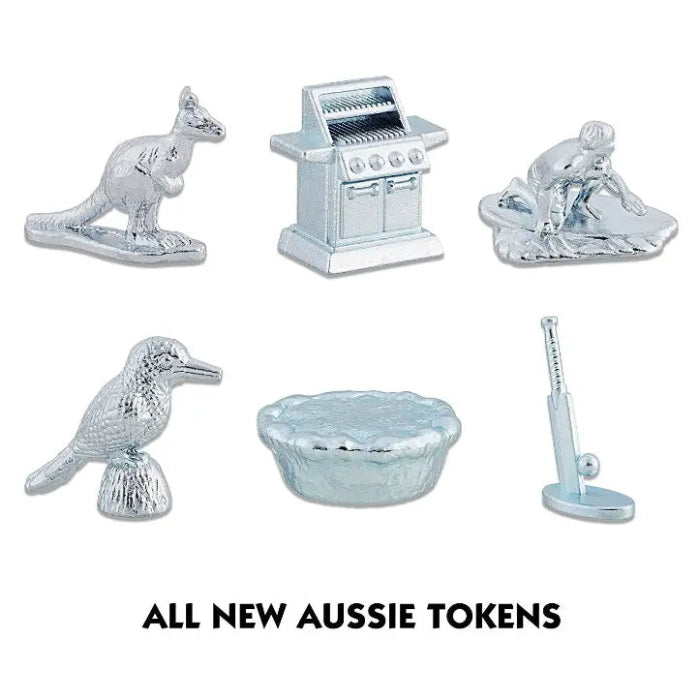 Adventure Awaits Monopoly Australia game tokens featuring Aussie icons including a kangaroo, kookaburra and barbecue